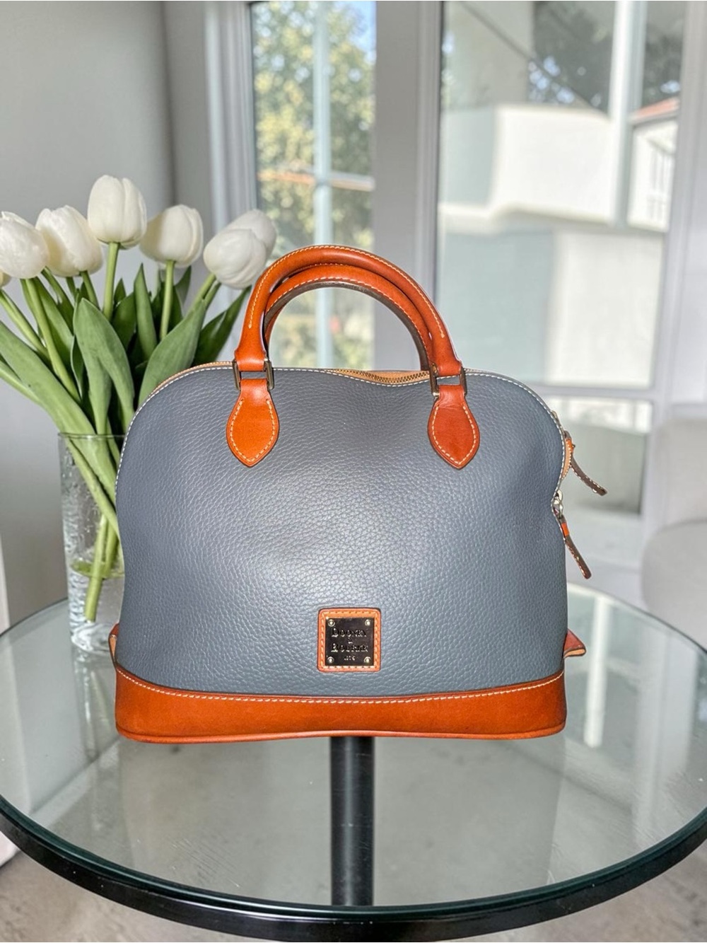 Dooney & Bourke Gray Pebble Leather Satchel with Tan Trim and Handles